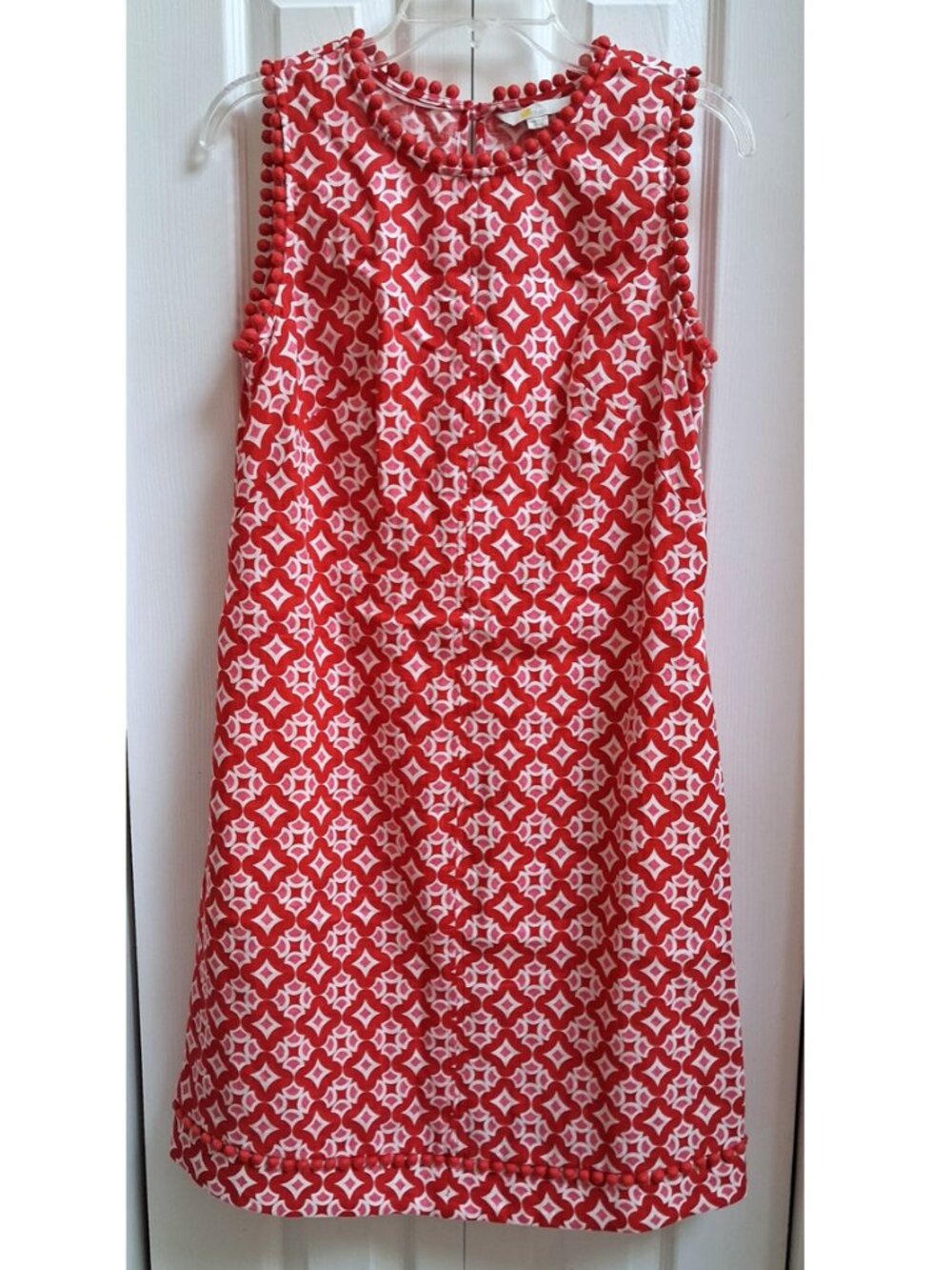 BODEN Red/White Romaine Diamond Drop Linen Pom Pom Dress sz 6 R - Picture 2 of 9